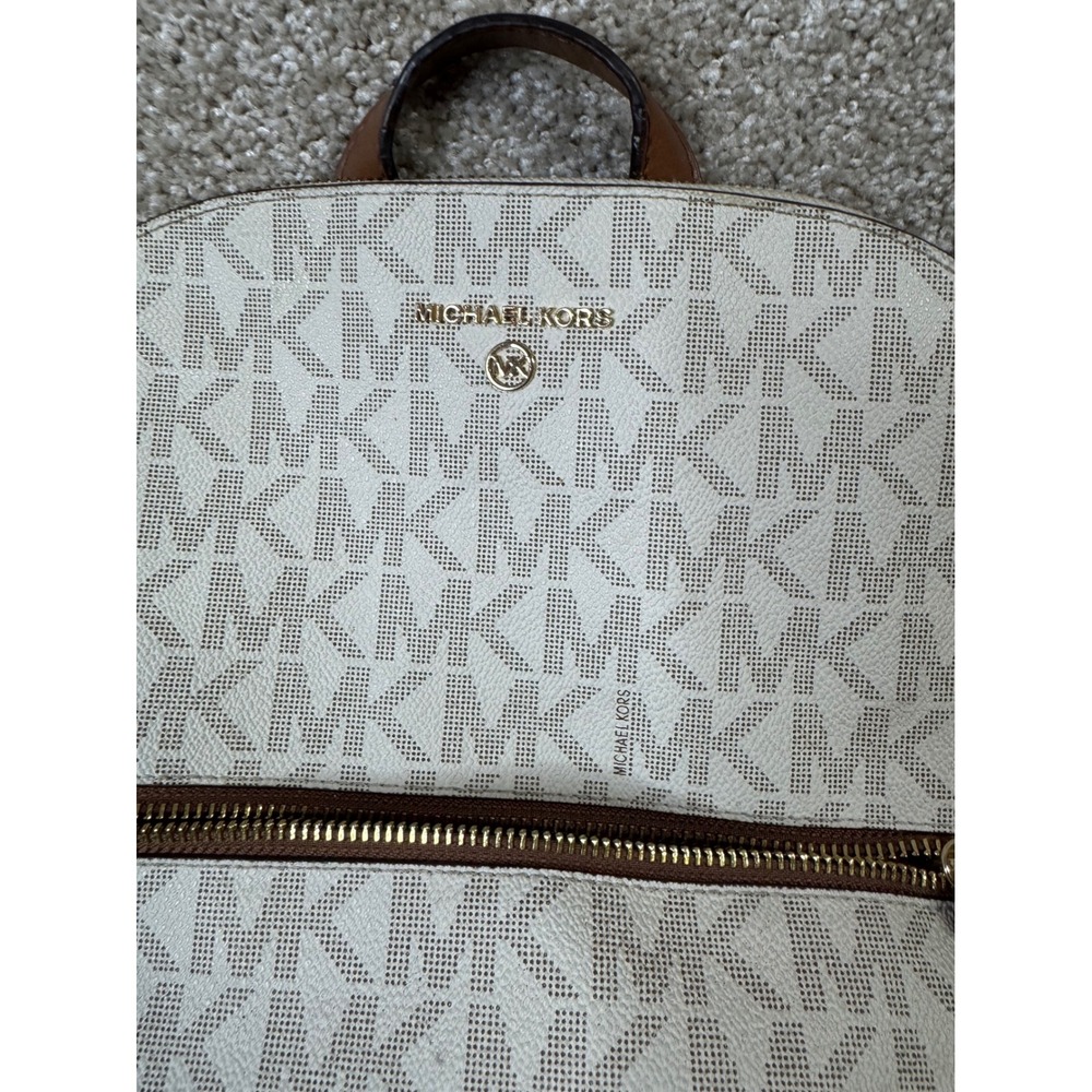 Michael Kors Abbey Medium Backpack Signature Logo White Acorn Brown Leather - Picture 3 of 9